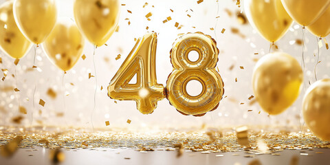Metallic balloons in the shape of the number 48, floating, surrounded by confetti and balloons. White background, decorations for birthdays or anniversaries