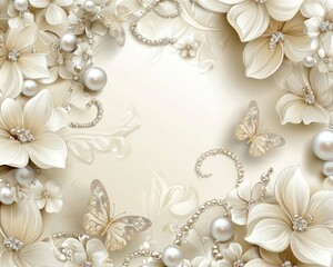Elegant wedding background with floral elements, pearls, and butterflies for luxurious decor