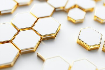 Elegant white luxury background adorned with shimmering golden hexagons