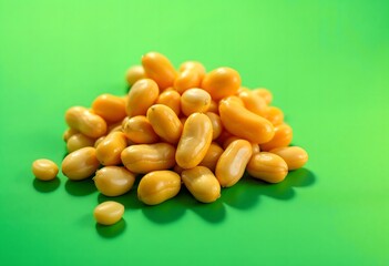 Fototapeta premium Golden Yellow Beans Heap Green Background Closeup Shot. Object isolated on grren screen.