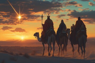 Three kings riding camels in the desert at sunset, one of them wearing a crown and holding an elegant staff on his left side,  Jesus, Epiphany - Generative AI