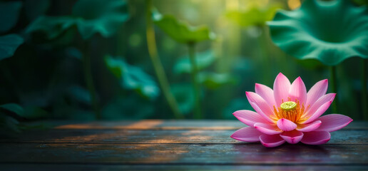 Pink lotus on a brown wooden table against a background of green leaves, wallpaper with a place for text