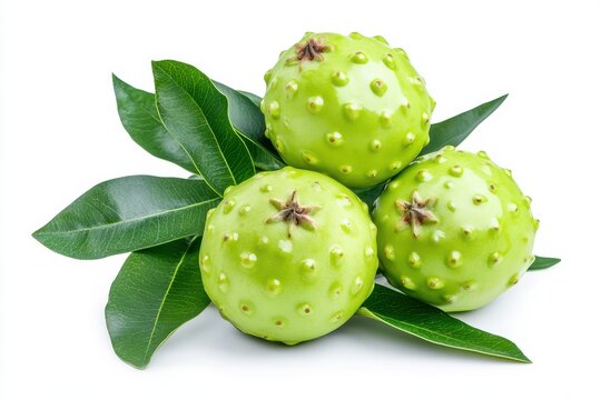 Green wax apples with leaves against a white backdrop