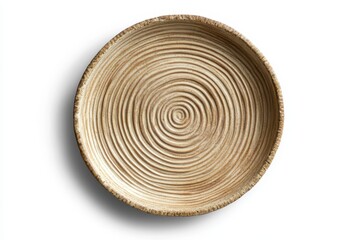 Handcrafted beige ceramic dish with a sandy texture viewed from above isolated on white