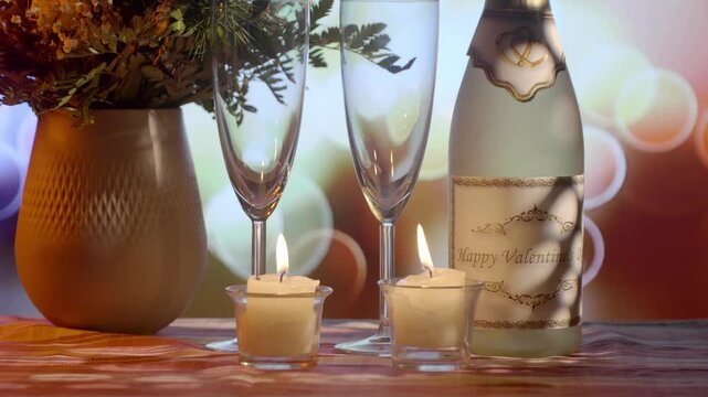 Happy Valentine's Day greetings. Flowers and champagne on a festive background.