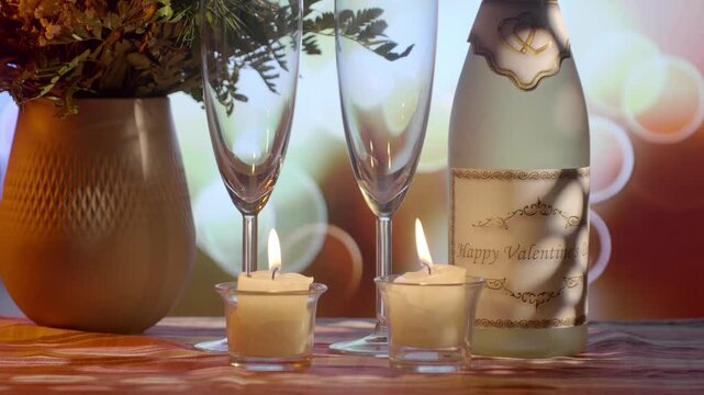 Happy Valentine's Day greetings. Flowers and champagne on a festive background.