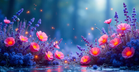 Horizontal wallpaper with pink spring flowers, with space for text, for congratulations