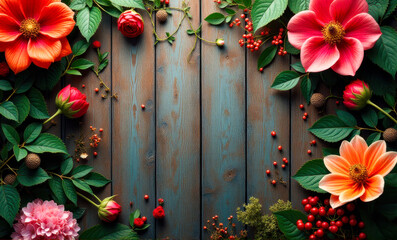 Fototapeta premium A horizontal frame of spring flowers on brown wooden background with space for text viewed from above