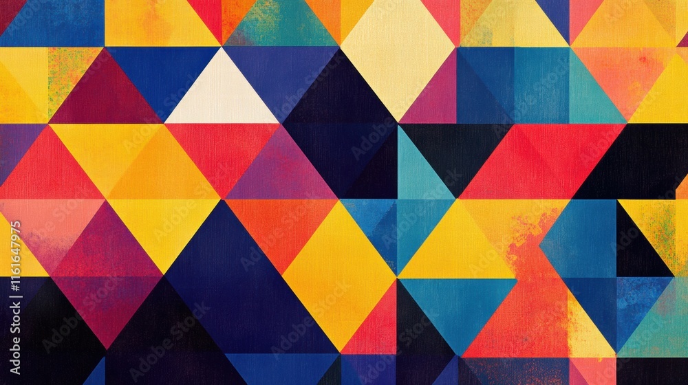 Poster Mosaic inspired pattern of colorful triangles in various hues and shades creating a vibrant abstract design. Generative AI
