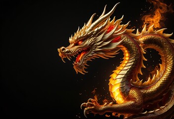 Fototapeta premium Fierce Golden Dragon with Burning Flames for Background. Generative AI