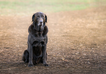 2023-12-31 A OLD CHOCOLATE LABRADOR SITTING IN A OPEN FIELD WITH BRIGHT EYES AND A SAD LOOK ON HIS FACE AT THE OFF LEASH DOG AREA AT MARYMOOR PARK IN REDMOND WASHINGTON