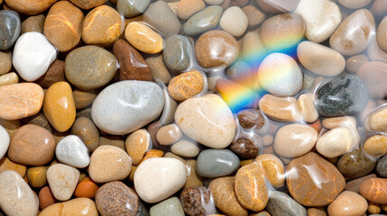 A close-up image of smooth, colorful pebbles arranged naturally, with a subtle rainbow reflection on the water's surface.