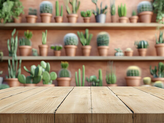 Wooden Tabletop with Background of Cacti and Succulents in Terracotta Pots
