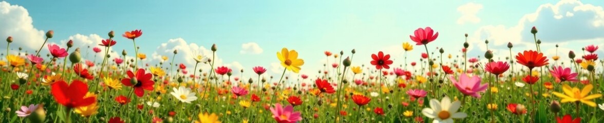 Floral field with colorful flowers swaying in the breeze, flowers, color