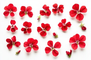 Obraz premium Isolated red geraniums on white background Pelargonium layout Summer garden theme Flat lay design Cranesbill family