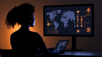 Woman monitoring global network data on computer.