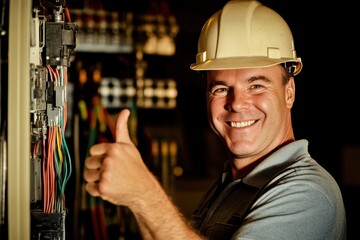 Joyful male electrician giving a thumbs up