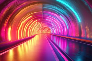 3D render of a colorful, glowing rainbow road in a tunnel