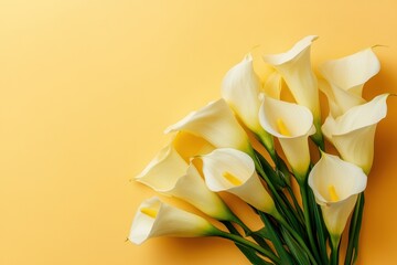 Fototapeta premium Lovely bouquet of yellow calla lilies on a yellow peach backdrop Vertical orientation High quality image