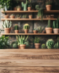 Wooden Table with Blurred Succulent and Cactus Shelf Display