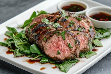 Medium rare grilled beef steak slices on a salad with sauce presented on a white plate at a restaurant