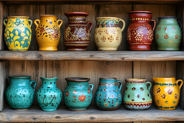 Hand-painted Pottery Jugs & Pitchers on Rustic Shelf: Colorful Earthenware Vessels Displayed, Showcasing Intricate Designs & Vibrant Hues.