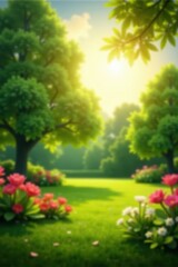 Obraz premium Soft focus garden scene with blurred trees against a sunny sky, greenery, bokeh