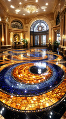 Obraz premium Opulent Lobby Floor, Intricate Gemstone Mosaic Design, swirling patterns reflecting light beautifully. Golden hues contrast with deep blues, creating a luxurious atmosphere.