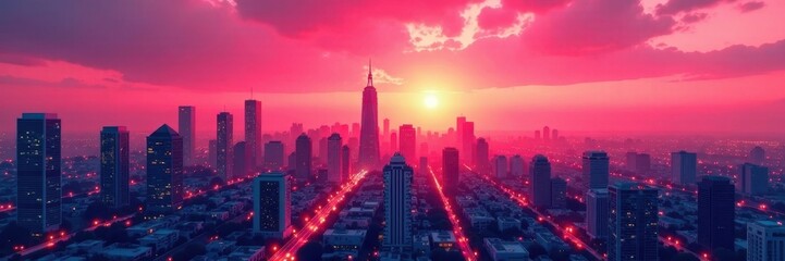Fototapeta premium Urban cityscape at sunset with a vibrant pink background, cityscape, background colors
