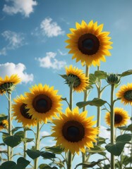 Obraz premium Vibrant colors of sunflowers standing tall against a soft blue sky, flowers, sunflowers