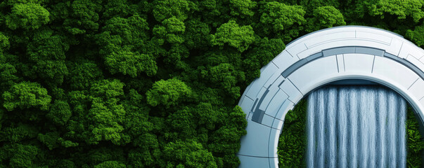 A futuristic archway is set against a lush green forest, blending technology with nature in a striking visual contrast.
