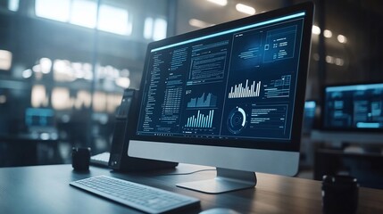 Data analytics displayed on a desktop computer in a modern office.