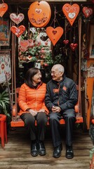 Naklejka premium Smiling elderly couple sitting on a decorated bench surrounded by Valentines Day hearts
