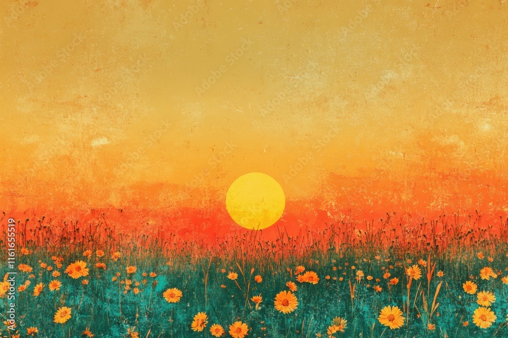 Poster sunset over a vibrant field of flowers with a warm, risograph inspired background. generative ai