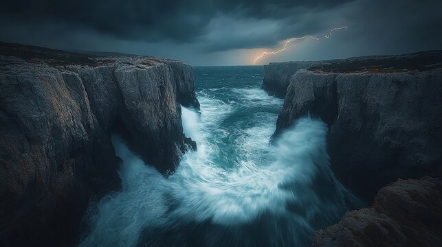 Dramatic coastal cliffs with stormy ocean and lightning.