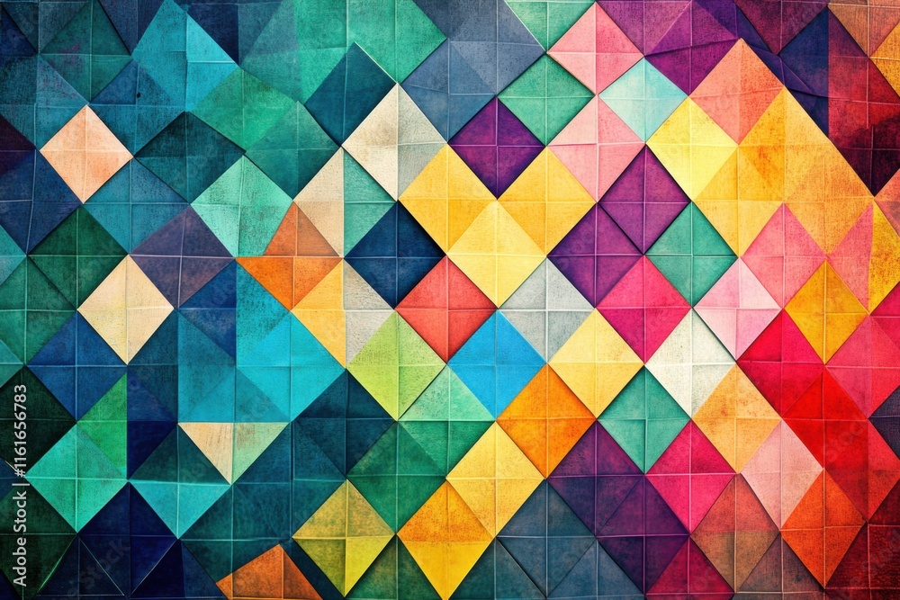 Poster Mosaic inspired pattern featuring vibrant triangles in a colorful arrangement displayed on a textured background. Generative AI