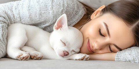 Peaceful Sleep, Woman and Puppy Napping Together Comfortably on a Cozy Couch, Sharing Sweet Dreams.