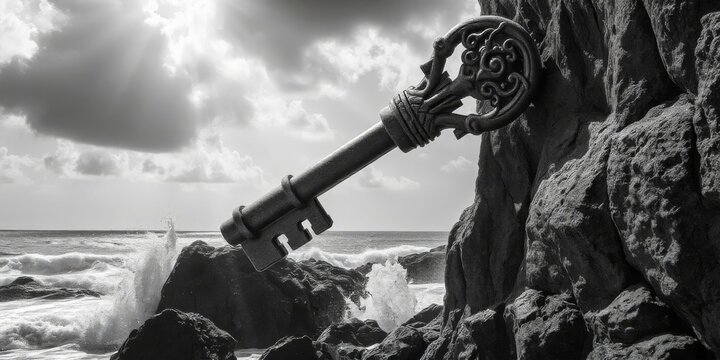 Giant ornate key embedded in rocky coastline with crashing waves and dramatic sky
