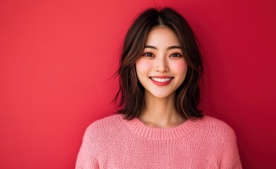 Fototapeta premium An Asian woman in a red attire stands against a matching red background, exuding warmth and friendliness, perfect for red-themed marketing campaigns.