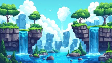 Lush Green Landscape with Two Waterfalls Flowing into a Blue Lake