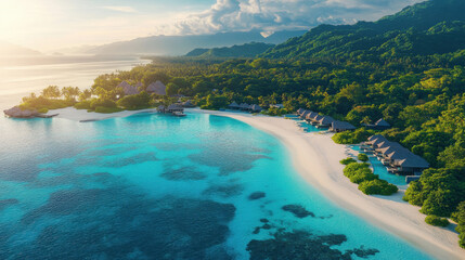 breathtaking Maldives beach with crystal clear turquoise water, lush greenery, and luxurious villas along shore, creating serene tropical paradise