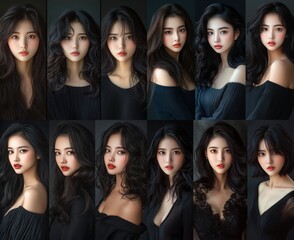 Fototapeta premium multiple Asian women with similar facial features, arranged in a grid format, showcasing their beauty and elegance. Showing the diversity and fashion trends in the beauty industry.