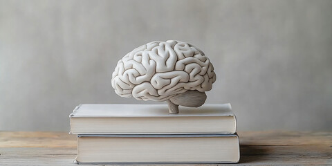A serene composition featuring a white ceramic brain sculpture and stacked white books, perfect for neuroscience and psychology research, or educational themes.