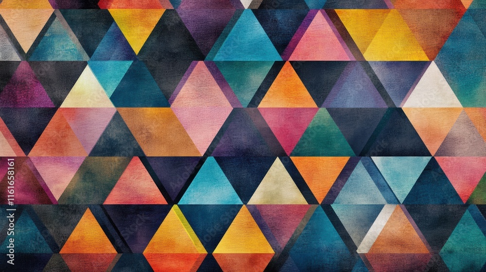Poster Mosaic inspired pattern showcasing vibrant triangles in various colors and arrangements over a textured background. Generative AI