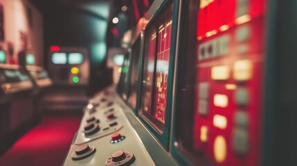 1960s mission control room, retro buttons, analog displays, and a vintage aesthetic 