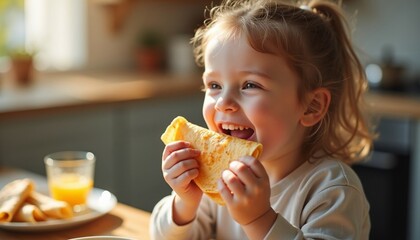 Adorable child enjoying crepes during a festive Maslenitsa breakfast