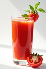 Refreshing glass of tomato juice, clean white background , closeup, glass, healthy