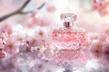 luxurious perfume bottle surrounded by delicate pink flowers, creating elegant and romantic atmosphere. soft colors and reflections enhance its beauty