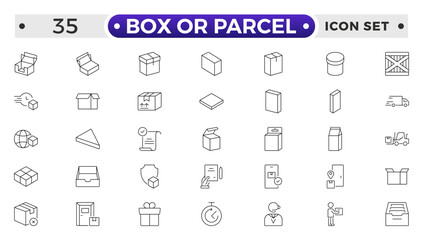 Box or Parcel outline icon vector set. Containing storehouse, stock, package storage, machine, process, cargo truck, courier, step and productivity, forklift, freight, lorry, moving.