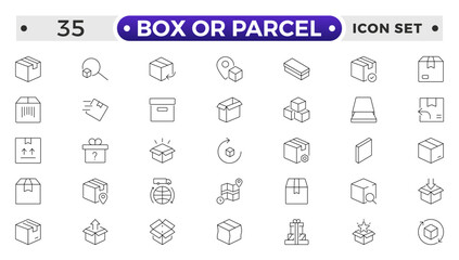 Box or Parcel outline icon vector set. Containing storehouse, stock, package storage, machine, process, cargo truck, courier, step and productivity, forklift, freight, lorry, moving.